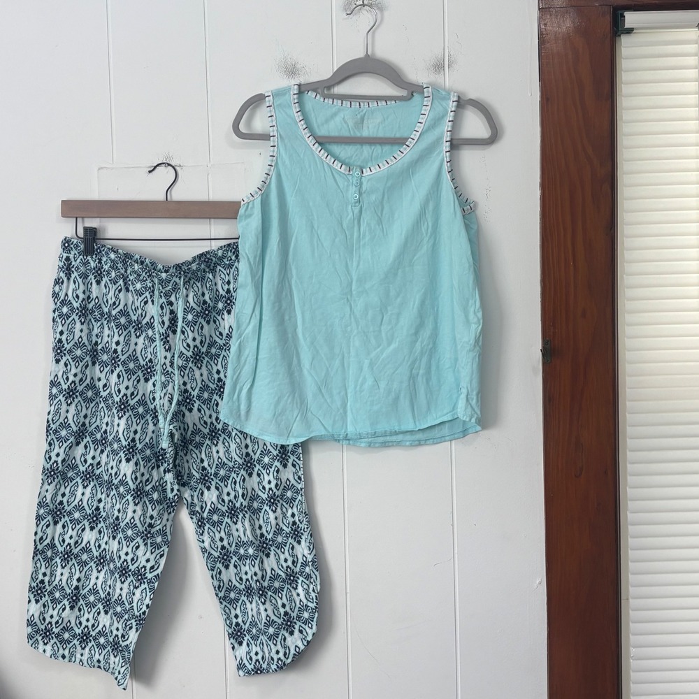 Carole Hochman Womens Aqua Blue Cotton Pajama Set Henley Tank Crop Pants Medium